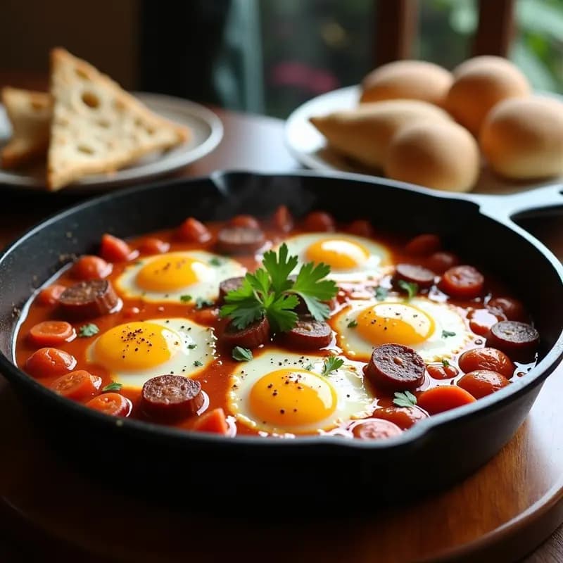 Shakshuka con Chorizo y Queso Feta: Desayuno Tunisino Alta en Proteína