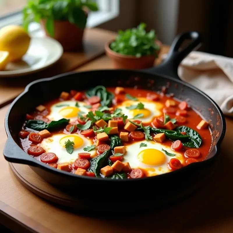 Shakshuka con Chorizo Vegano y Espinacas: Receta Norteafricana en Sartén para Desayunar