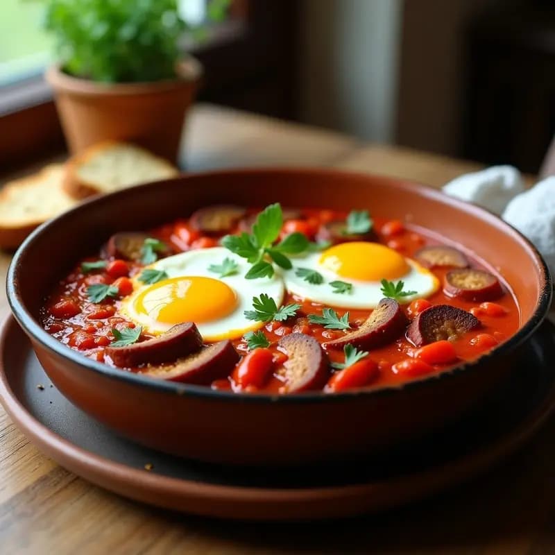 Shakshuka con Chorizo Vegano y Huevo Poché: Receta Nordafricana Alta en Proteína