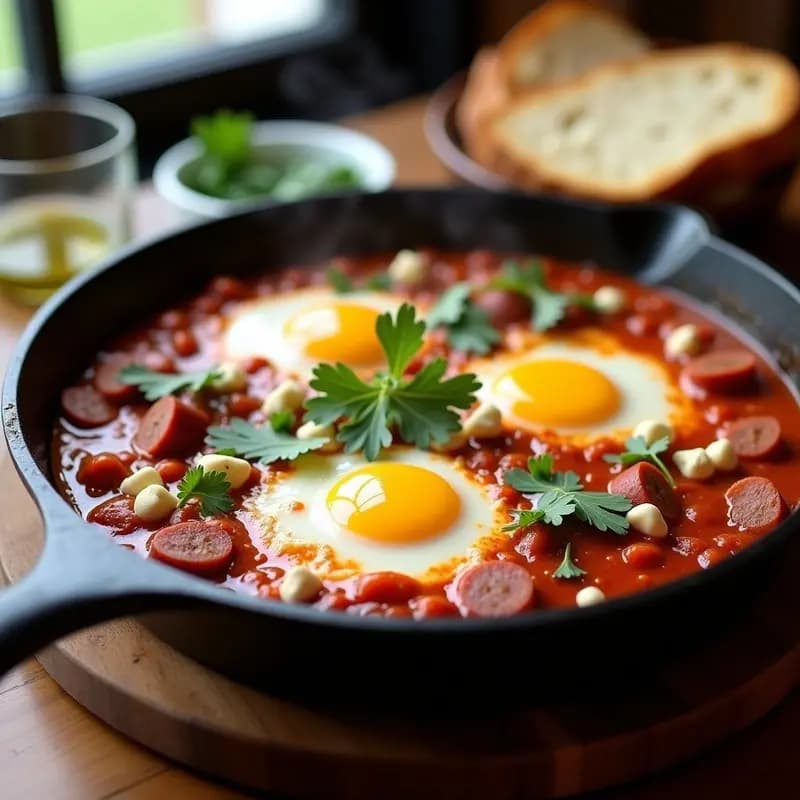 Shakshuka con Chorizo Vegano y Queso de Cabra: Desayuno Norteafricano con Toque Español
