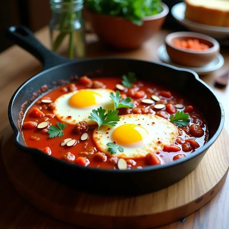 Shakshuka Tunecina con Chorizo Vegano y Queso de Anacardos: Desayuno Proteico y Sin Lactosa