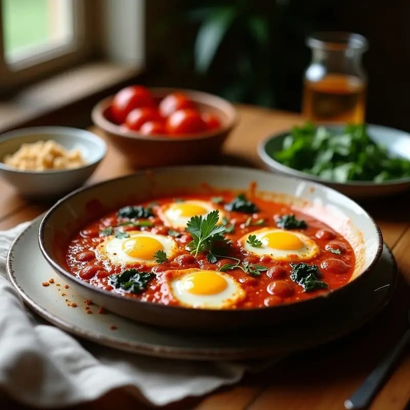 Shakshuka con Chorizo Vegetal y Espinacas: Desayuno Norteafricano Alta en Proteína