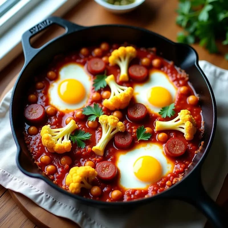 Shakshuka de Coliflor y Chorizo Vegano: Desayuno marroquí sin huevo en sartén