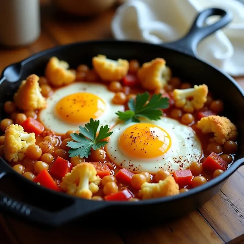 Shakshuka de Coliflor y Garbanzos: Desayuno Árabe Keto en Sartén de Hierro
