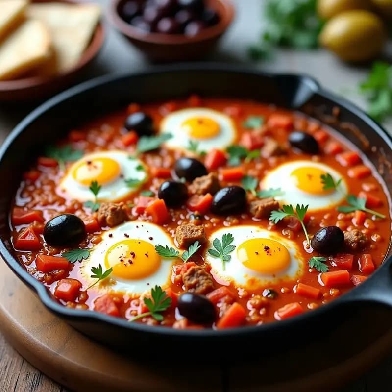 Shakshuka Tunecina con Aceitunas y Presa de Cordero: Desayuno Salado y Sustancioso