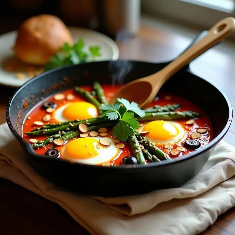 Shakshuka de Espárragos y Aceitunas Negras: Receta Tunecina Vegana con Toque Picante