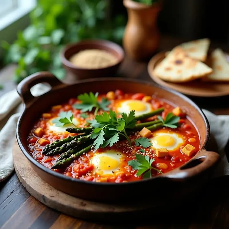 Shakshuka de Espárragos y Alcachofas con Pan de Pita Integral: Receta Tunecina Vegana