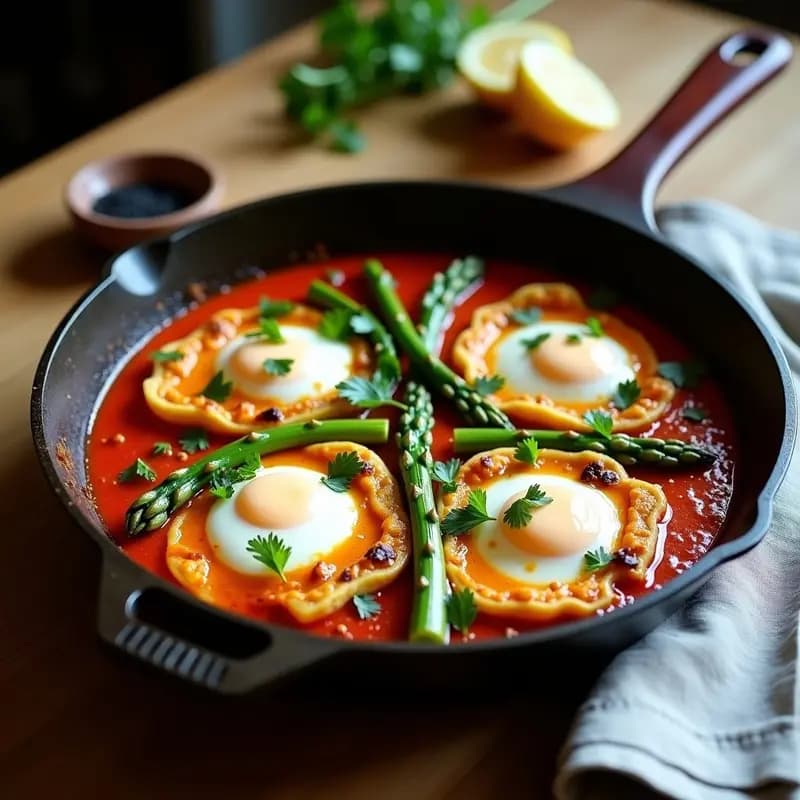 Shakshuka de Espárragos y Alcachofas: Desayuno Norteafricano Vegano en Sartén de Hierro