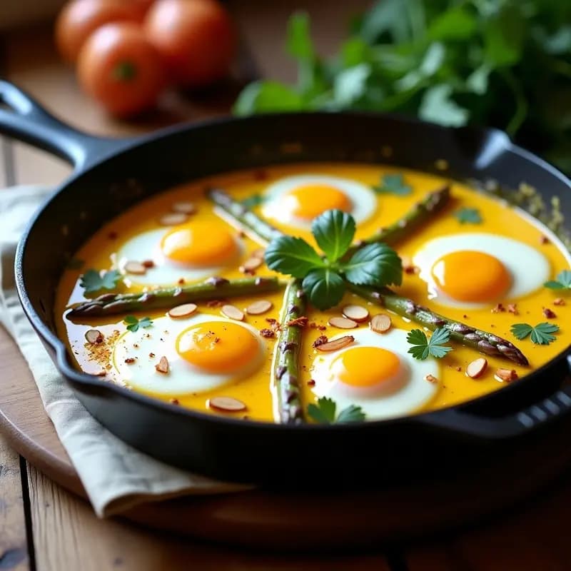 Shakshuka con Espárragos Blancos: Desayuno Tunecino Sin Tomate y Alto en Proteína