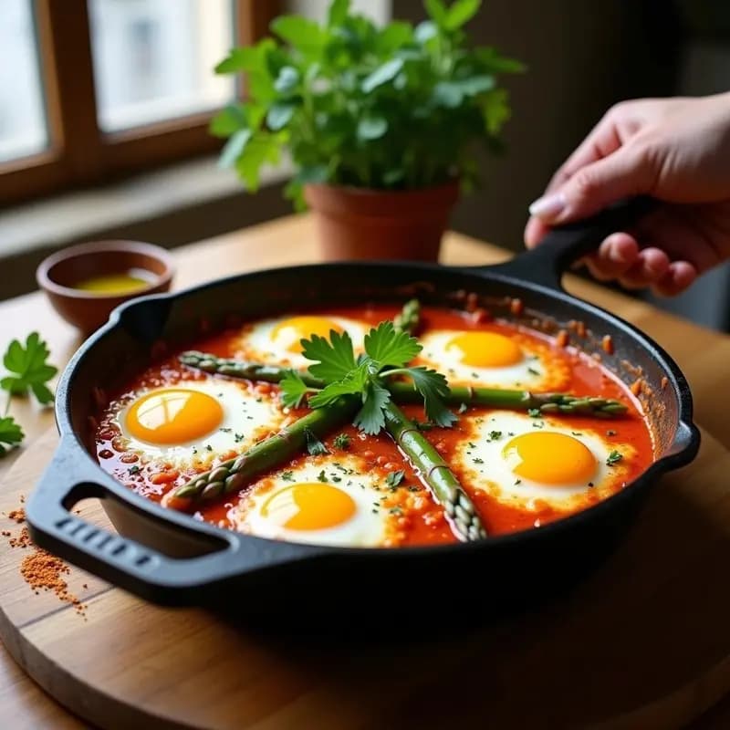 Shakshuka de Espárragos Blancos y Tomate: Receta Nordafricana con Huevos de Codorniz