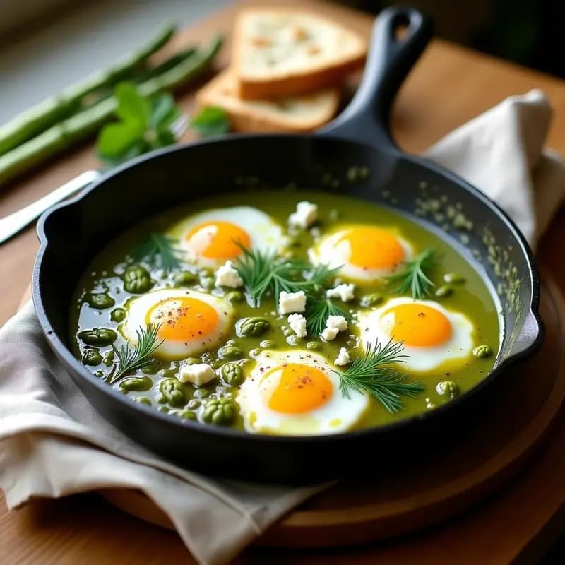 Shakshuka de Espárragos y Feta: Desayuno Tunecino con Huevos Pochados y Hierbas Frescas