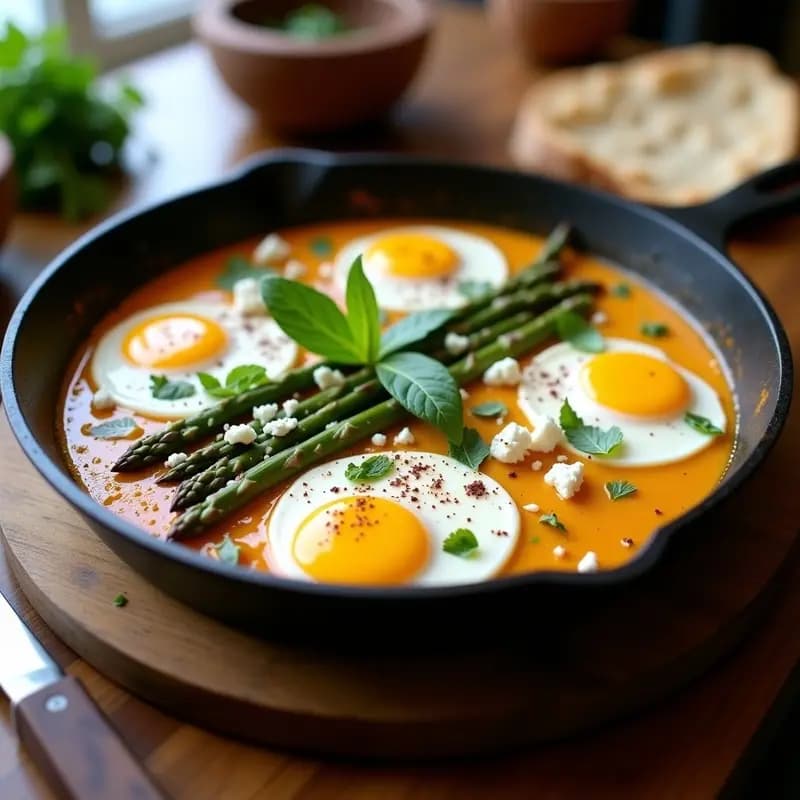 Shakshuka con Espárragos Blancos y Feta: Desayuno Norteafricano Proteico en Sartén