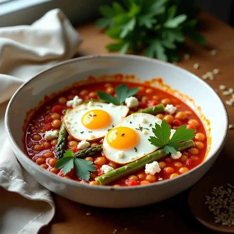 Shakshuka de Espárragos y Garbanzos con Huevo Poché: Versión Primaveral