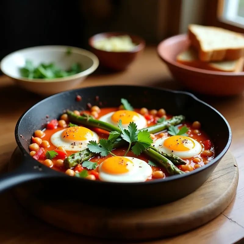 Shakshuka de Espárragos y Pimiento con Huevo Poché: Receta Norteafricana en Sartén y Alta en Proteína