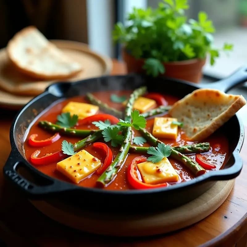 Shakshuka de Espárragos y Pimientos: Desayuno Tunisino Sin Huevos con Tofu