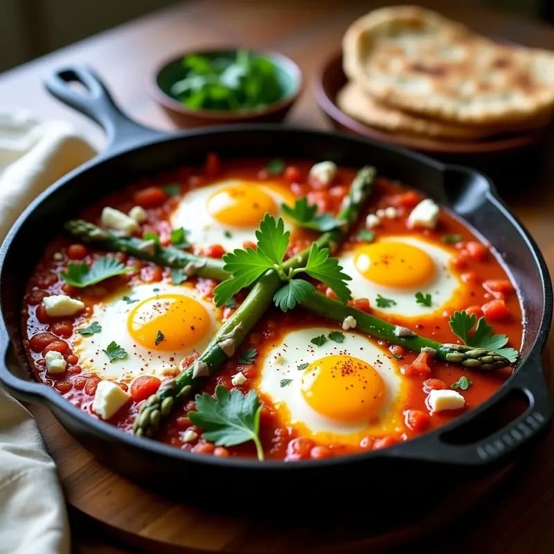 Shakshuka con Espárragos y Queso de Cabra: Receta Tunisiana de Primavera en Sartén