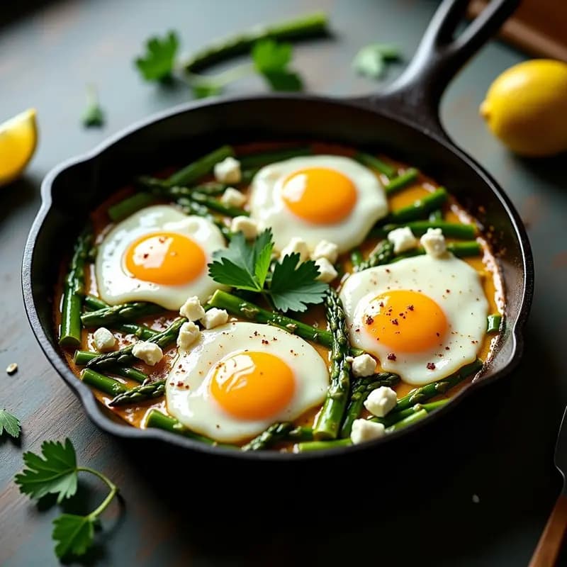 Shakshuka de Espárragos verdes y Queso Feta: Desayuno Tunecino Proteico en 15 Minutos