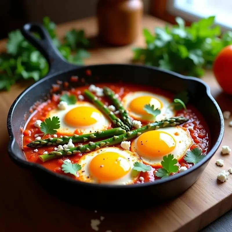 Shakshuka de Espárragos y Queso Feta: Receta tunecina keto con huevos escalfados