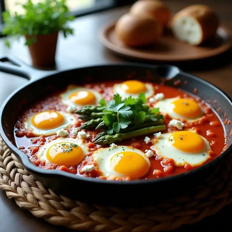 Shakshuka de Espárragos y Queso Feta: Receta Tunecina Alta en Proteína y Vegetariana