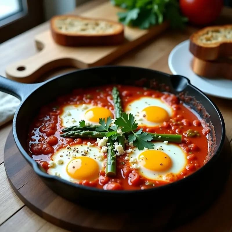 Shakshuka con Espárragos Blancos y Queso de Oveja: Receta Túnez-Alemana con Toque Gourmet