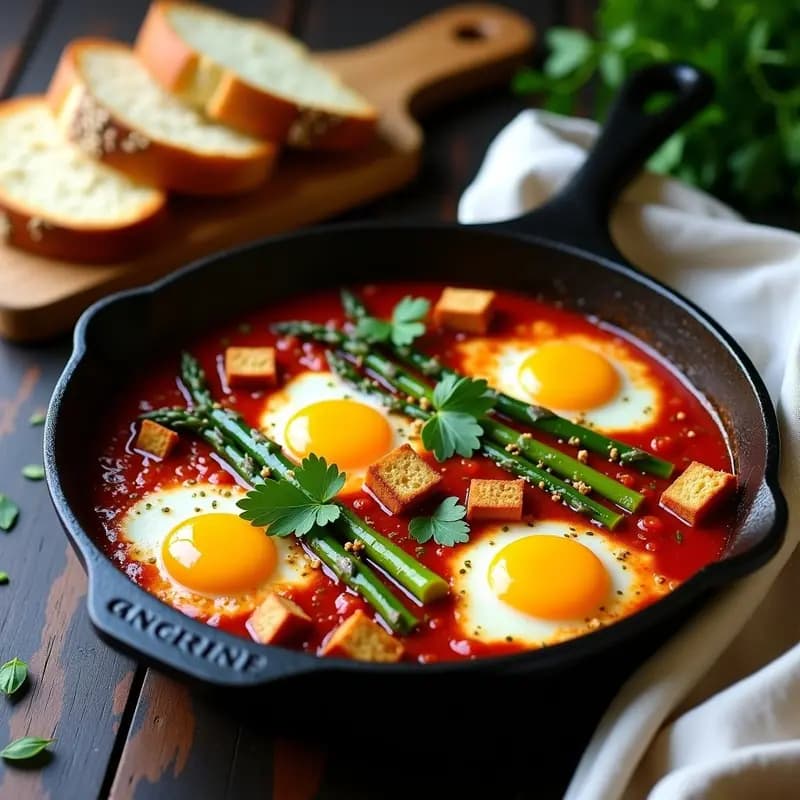 Shakshuka de Espárragos y Tofu: Desayuno Tunecino Vegano con Pan de Semillas