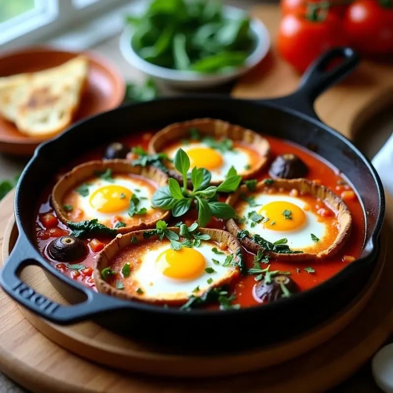 shakshuka de espinacas y champiñones con huevos de codorniz: receta tunecina veganaizable