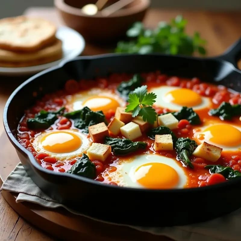 Shakshuka de Espinacas y Feta Ahumada: Desayuno Tunesino con Huevos Pochados en Tomate