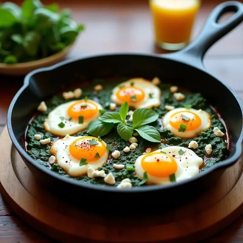 Shakshuka con Espinacas y Feta: Desayuno Norteafricano Alto en Proteína en Sartén