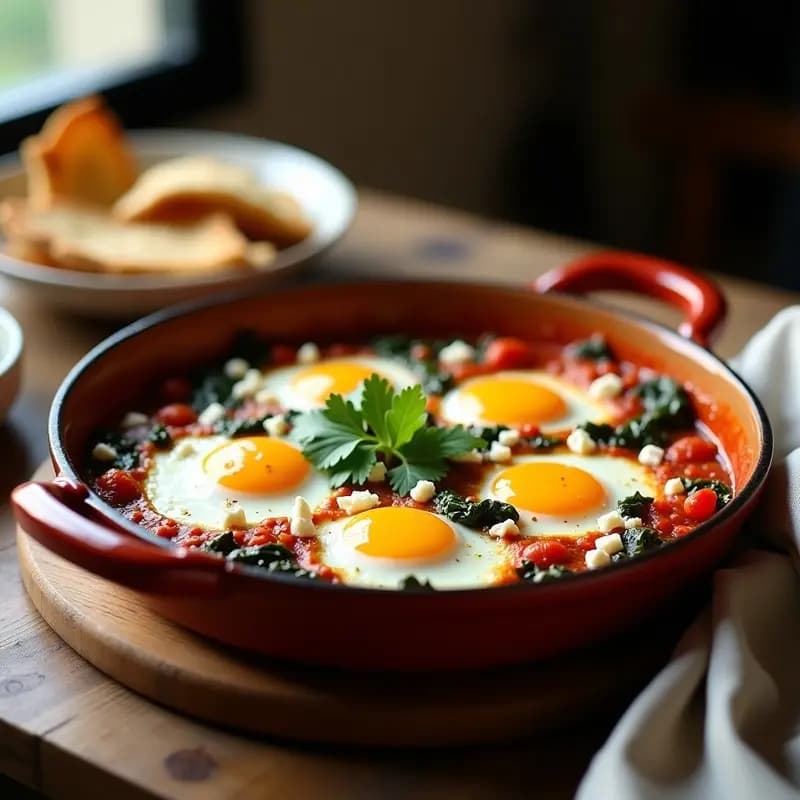 Shakshuka con Espinacas y Feta al Horno: Desayuno Norteafricano Proteico y Reconfortante