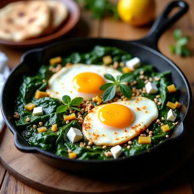 Shakshuka de Espinacas y Queso Feta: Desayuno Marroquí con Huevo Poché