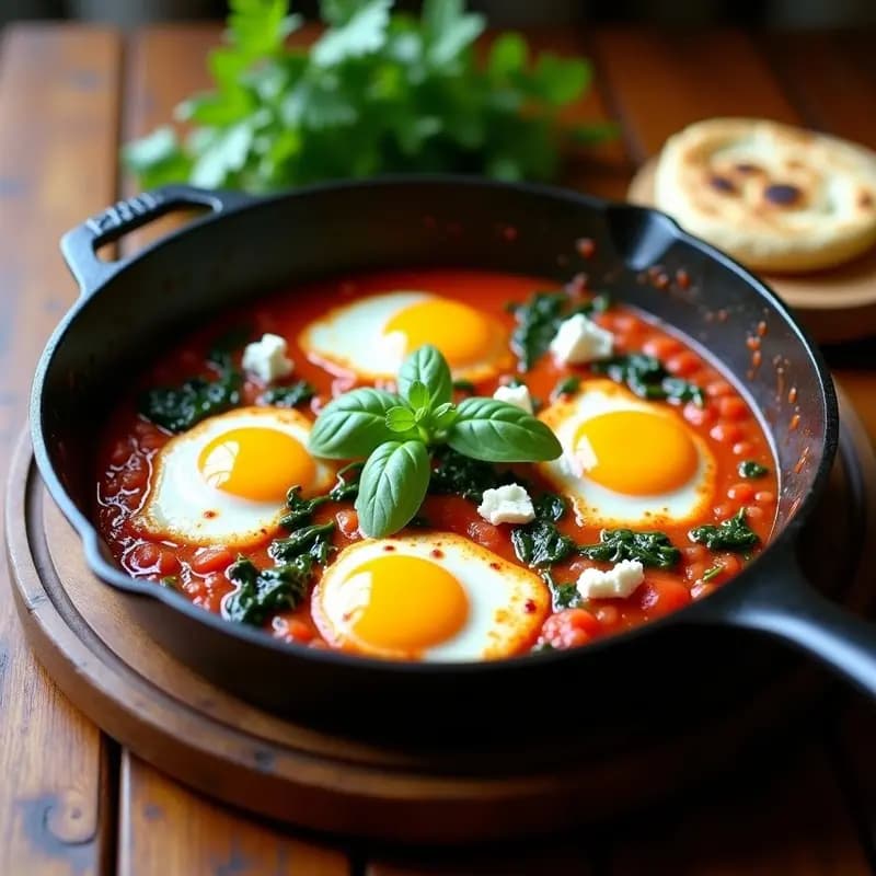 Shakshuka Tunecina con Espinacas y Feta: Receta de Huevos Poché en Salsa de Tomate Especiada