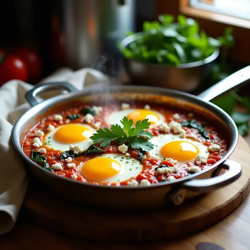 Shakshuka de Espinacas y Feta: Receta Izraelí en Olla Exprés con Huevos Orgánicos