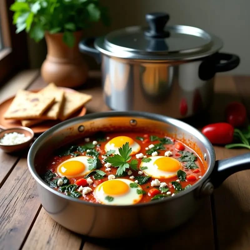 Shakshuka con Espinacas y Feta: Desayuno Tunecino en Olla Express con Pan de Pita Integral