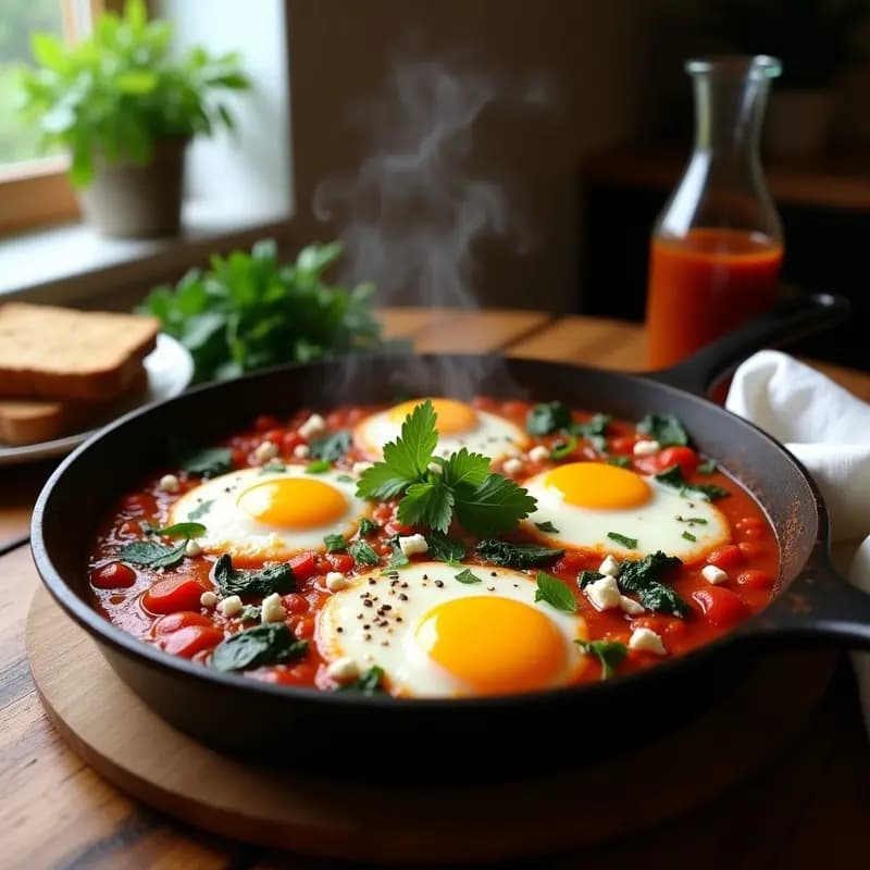 Shakshuka con Espinacas y Feta: Desayuno Tunecino Proteico y Lleno de Sabores