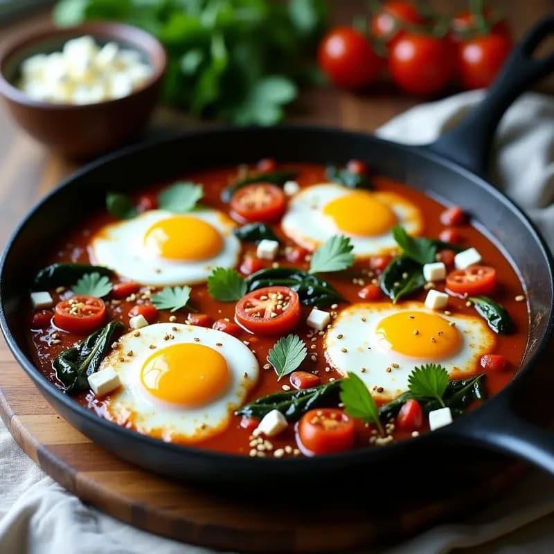 Shakshuka con Espinacas y Feta: Desayuno Tunecino en Sartén Antiadherente y Sin Gluten