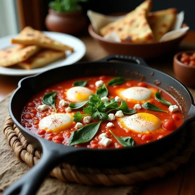Shakshuka con Espinacas y Feta en Salsa de Tomate Picante: Desayuno Túnez Gourmet