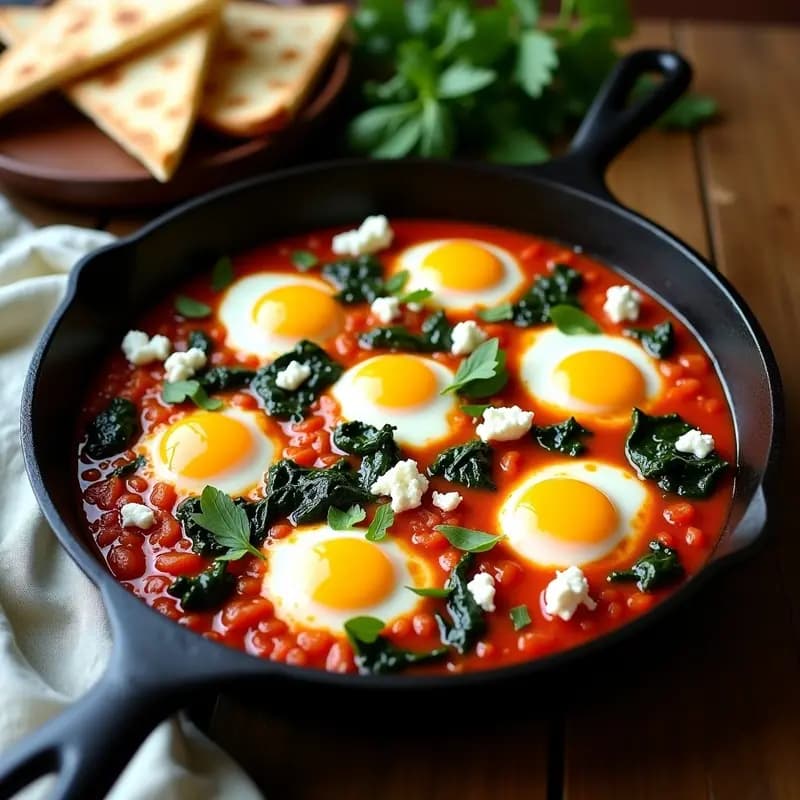 Shakshuka con Espinacas y Feta: Receta Africana en Sartén con Toque Gourmet