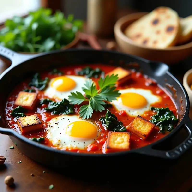 Shakshuka Libanesa con Espinacas y Queso Halloumi: Huevos en Salsa de Tomate y Especias