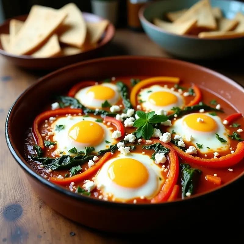 Shakshuka de Espinacas y Queso Feta: Receta Israelí con Huevos y Pimientos Asados en Airfryer