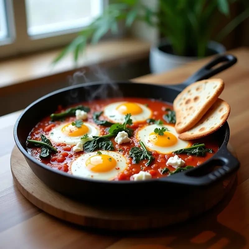 Shakshuka de Espinacas y Queso Feta con Pan de Pita: Receta Israelí en Sartén