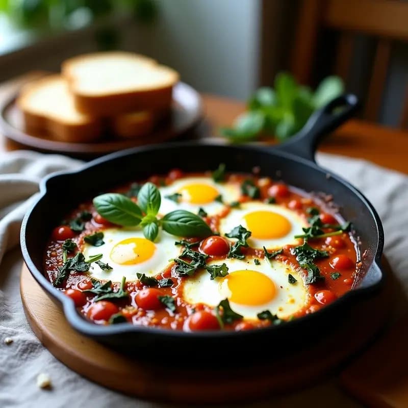 Shakshuka con Espinacas y Queso Feta Vegano: Desayuno Mediterráneo en Sartén de Hierro