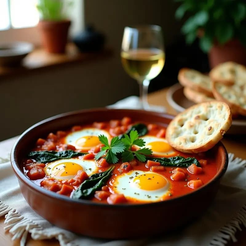 Shakshuka de Espinacas y Tofu: Receta Israelí Vegana con Salsa de Tomate Picante