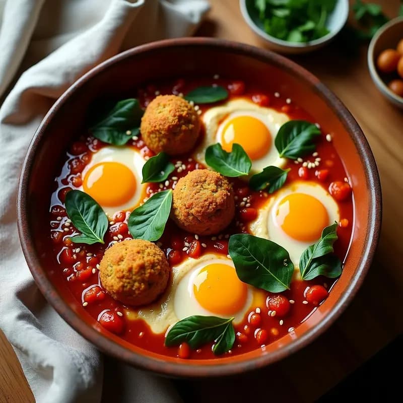 Shakshuka con falafel y hummus: Desayuno Libanés Proteico y Vegano