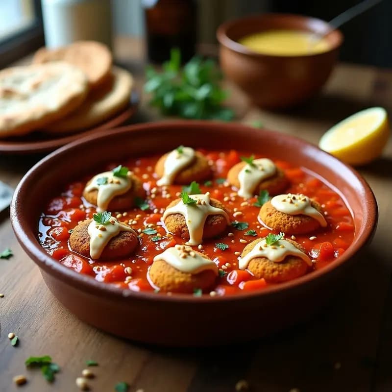 Shakshuka con Falafel y Tahini: Desayuno Israelí Vegano y Alto en Proteínas
