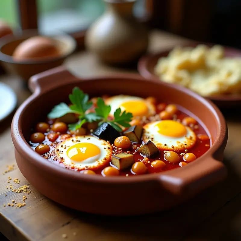 Shakshuka de Garbanzos y Berenjena con Huevo de Codorniz: Receta Túnez Vegana