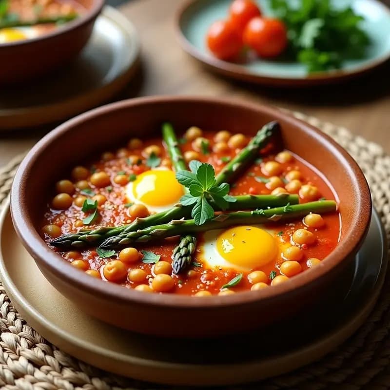 Shakshuka de Garbanzos y Espárragos: Receta Tunecina Sin Huevo y Alta en Fibra