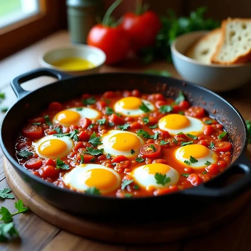 Shakshuka con Huevo de Codorniz: Desayuno Norteafricano con Tomate y Pimientos en 25 Minutos