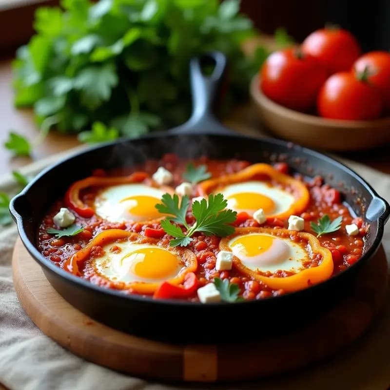 Shakshuka Tunecina con Huevo de Codorniz: Desayuno Alto en Proteínas en Sartén
