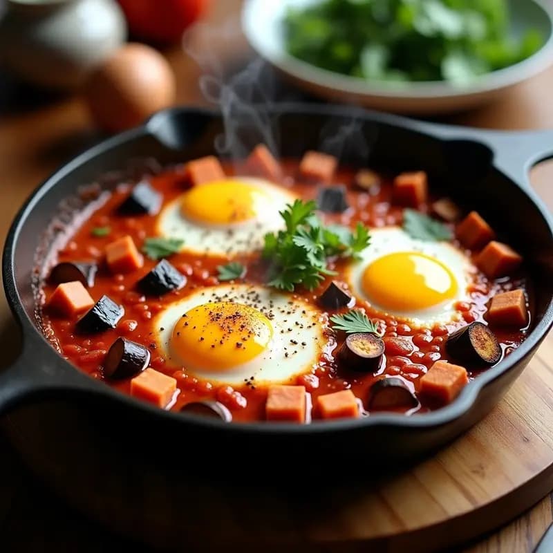Shakshuka Tunecina con Huevos y Berenjena: Desayuno Picante y Reconfortante