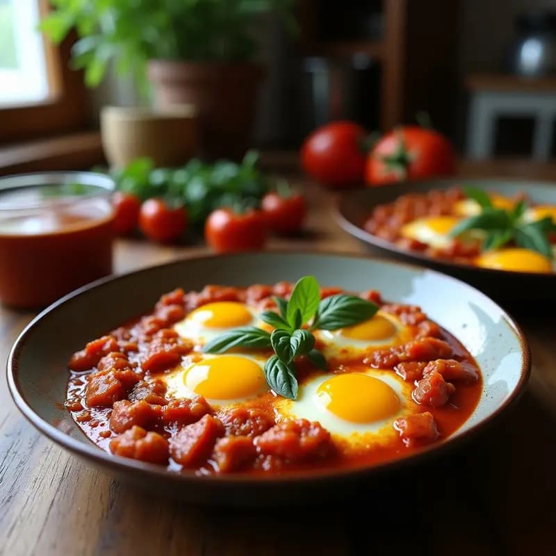 Shakshuka con huevos de Codorniz y Meretz (Salchicha de Cordero Israelí): Desayuno Mediooriental